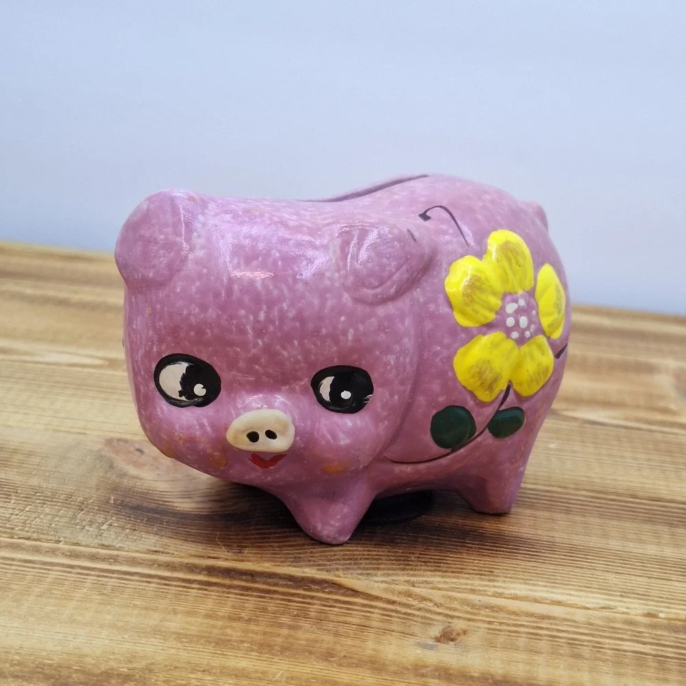 Vintage‎ Lightweight Retro Piggy Bank - Pink With Yellow Flower